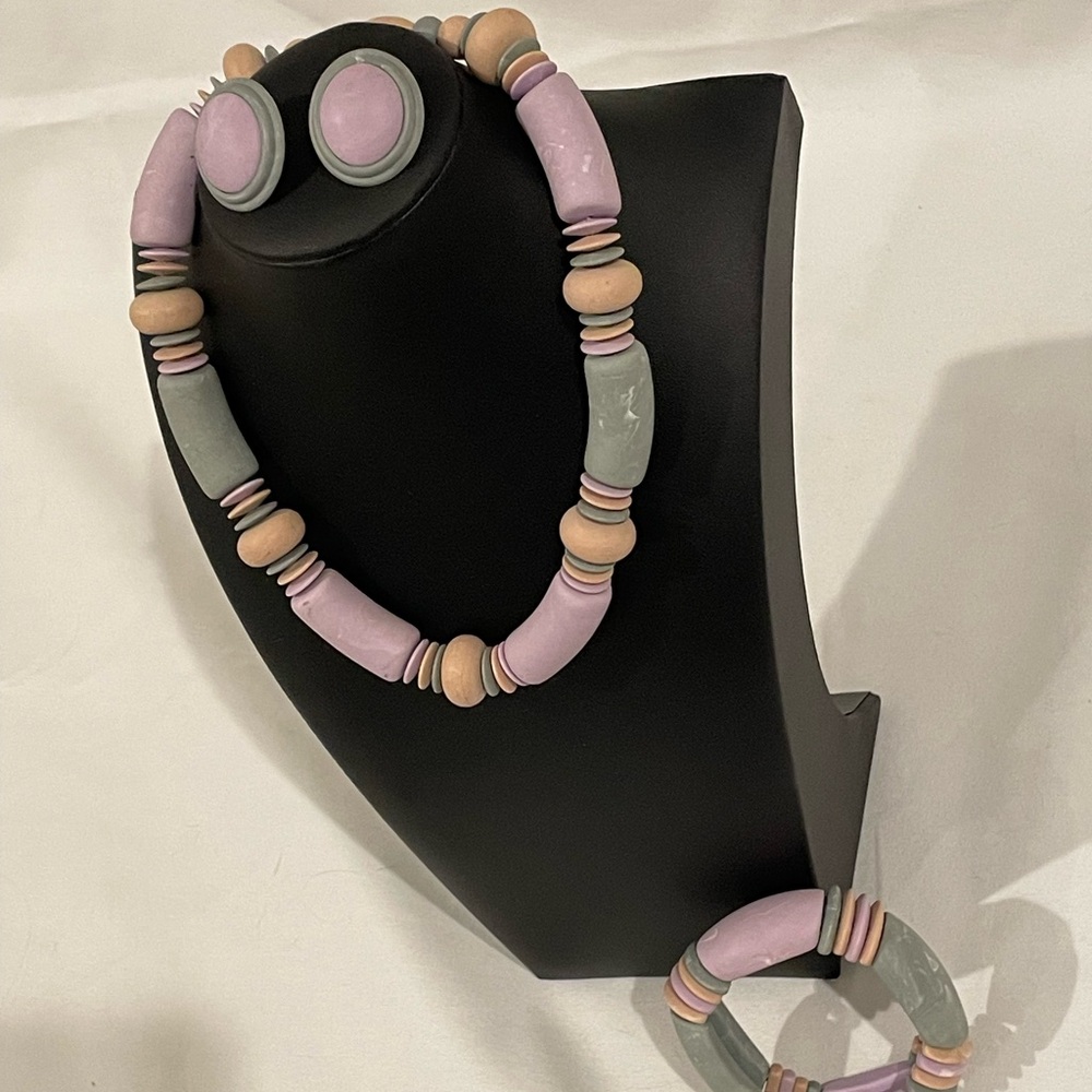 Wooden Pastel Beaded Necklace, Bracelet, and Earrings Jewelry Set‎